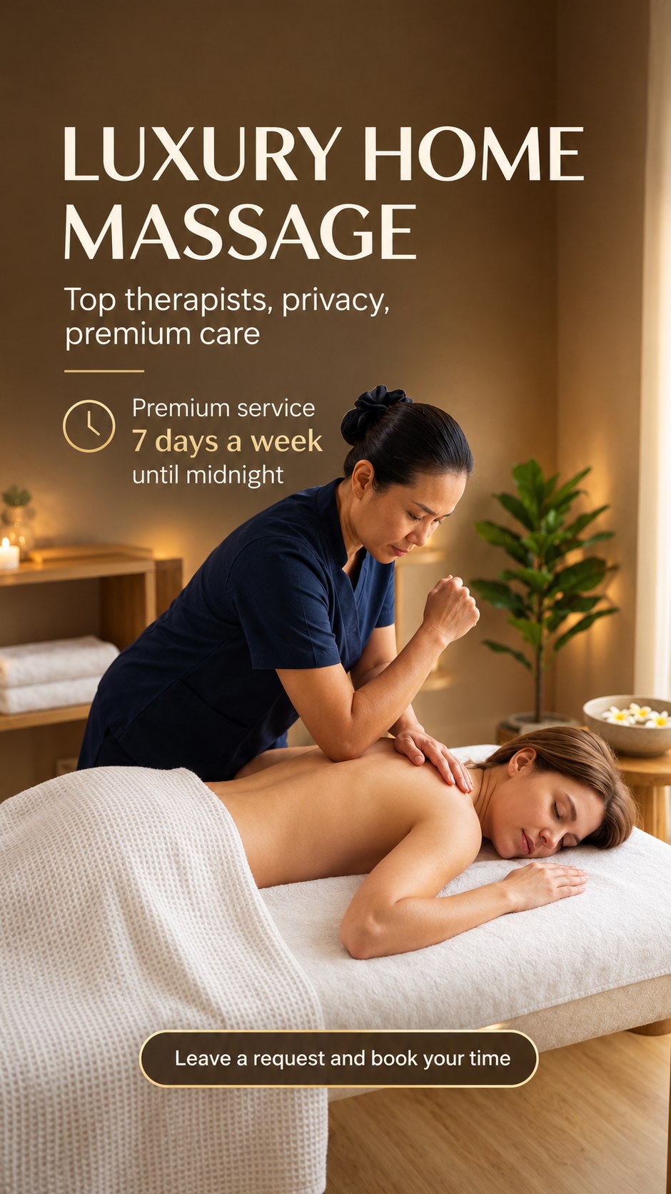 A therapist giving a luxury home massage in a warm, private setting
